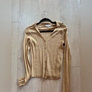 Vince Women’s Tan Ribbed Knitted Cotton Blouse